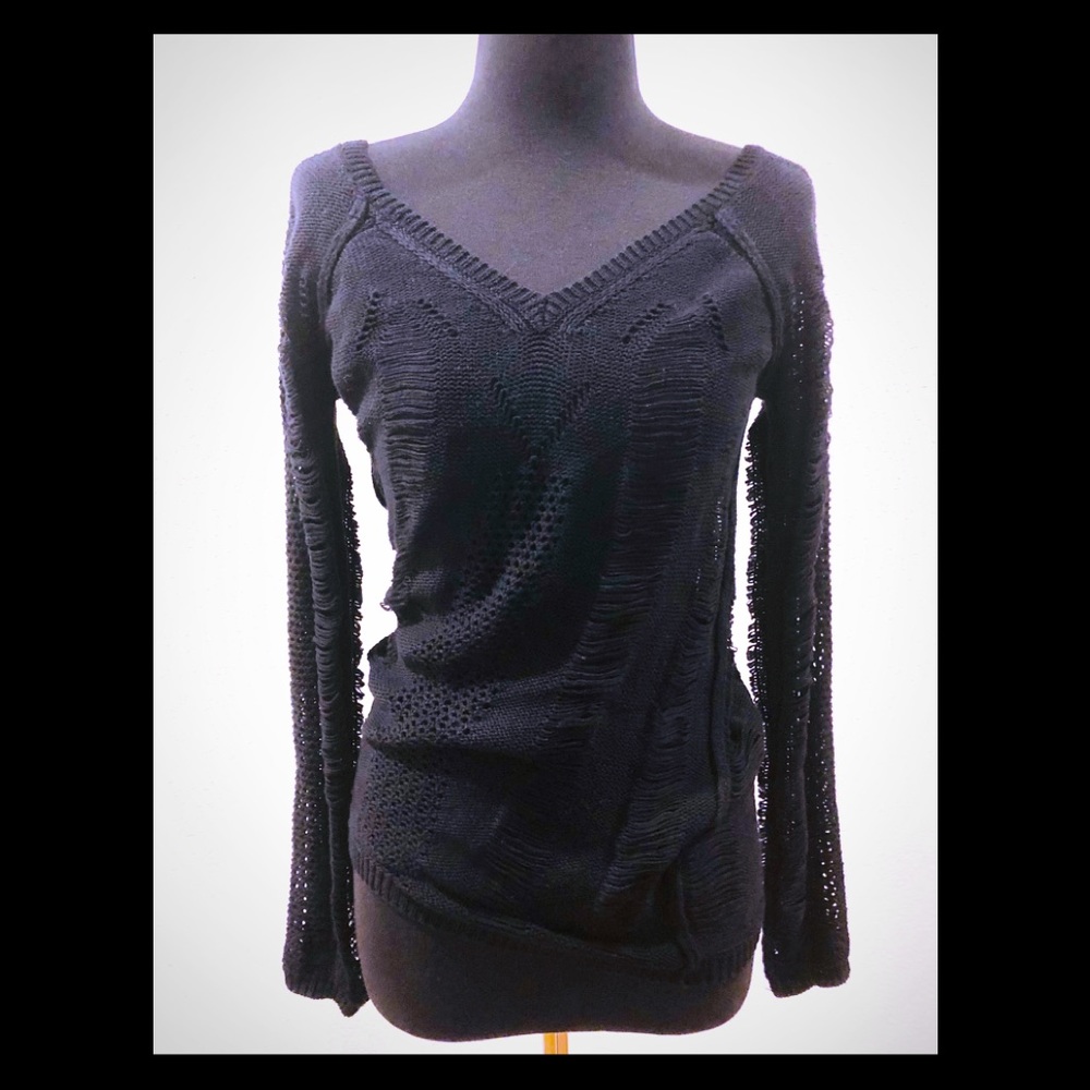 BCBG Off Black Double V Neck Chillout Sweater